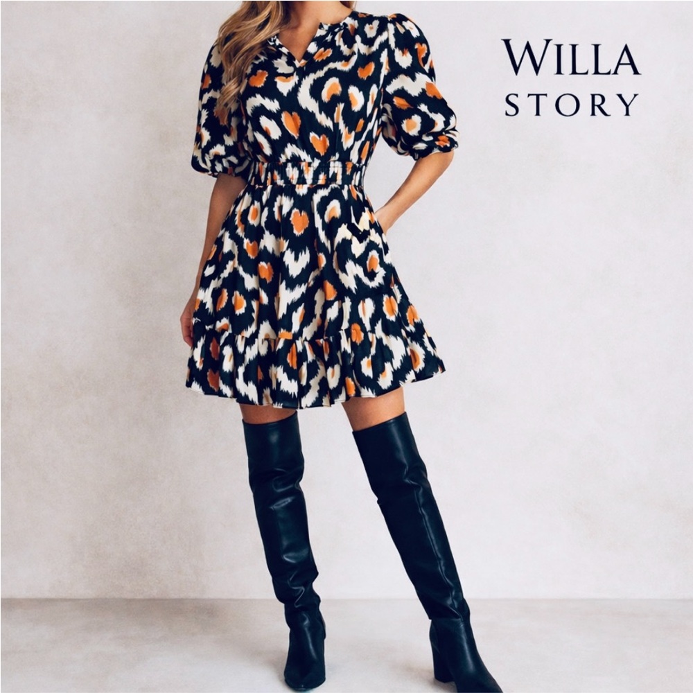 Willa Story Heart Abstract Print Balloon Sleeve Lined Dress Made USA Size M EUC